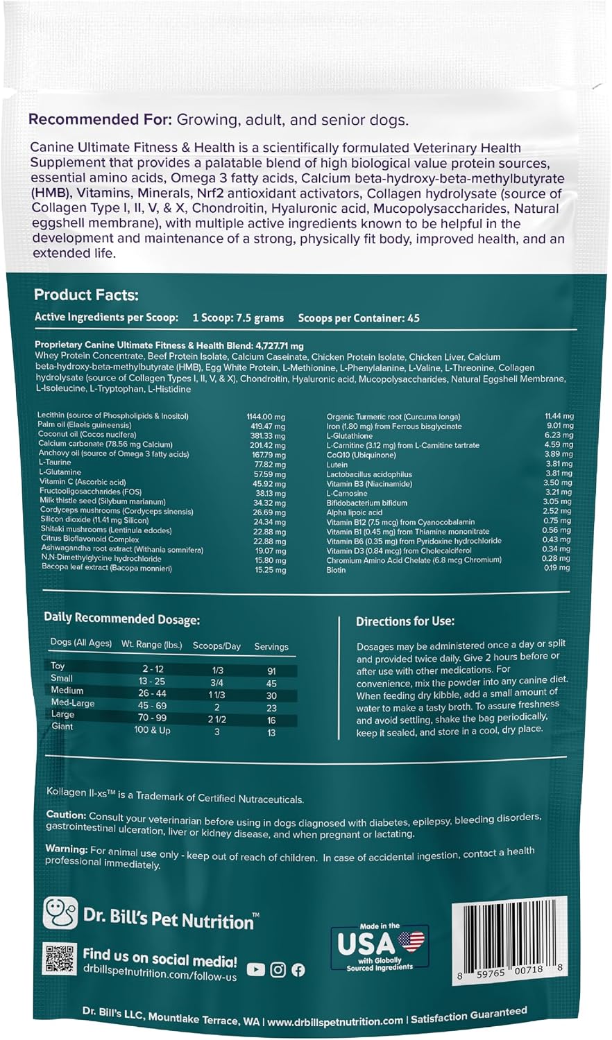 Dr. Bill’s Canine Ultimate Fitness & Health – Multivitamínico Diario para Perros 340g