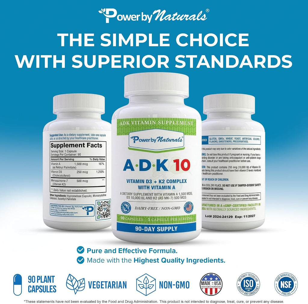 Power By Naturals ADK 10 – Vitaminas A, D3 y K2 MK-7 – 90 Cápsulas