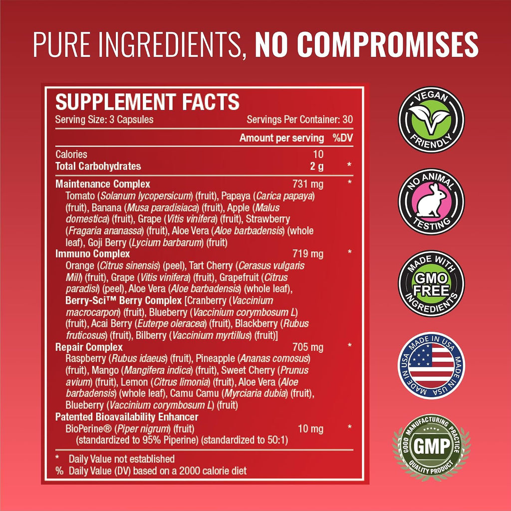 Approved Science Fruits & Veggies - 42 Frutas y Verduras Enteras - Suplemento Diario - 270 Cápsulas (3 Meses)