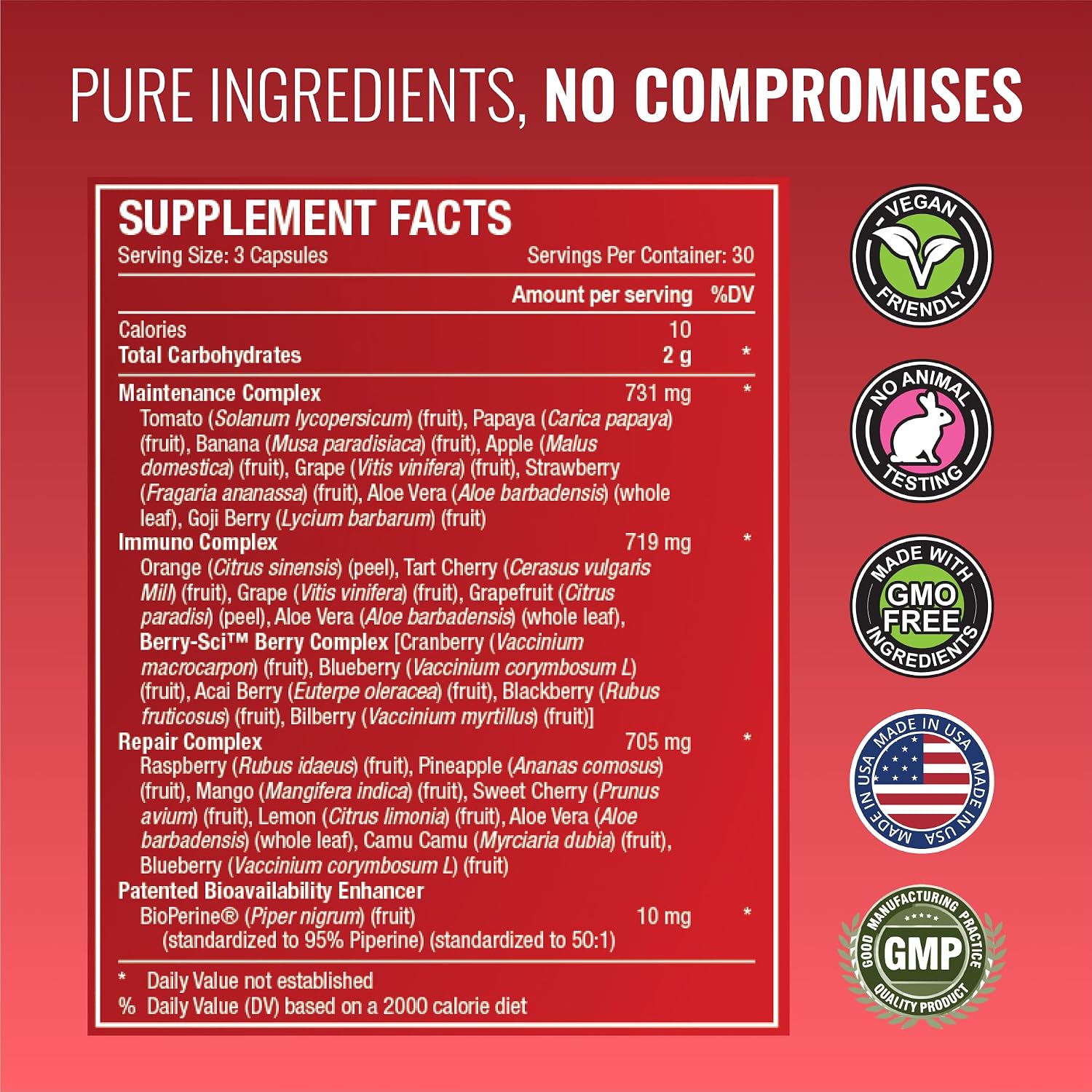Approved Science Fruits & Veggies - 42 Frutas y Verduras Enteras - Suplemento Diario - 270 Cápsulas (3 Meses)