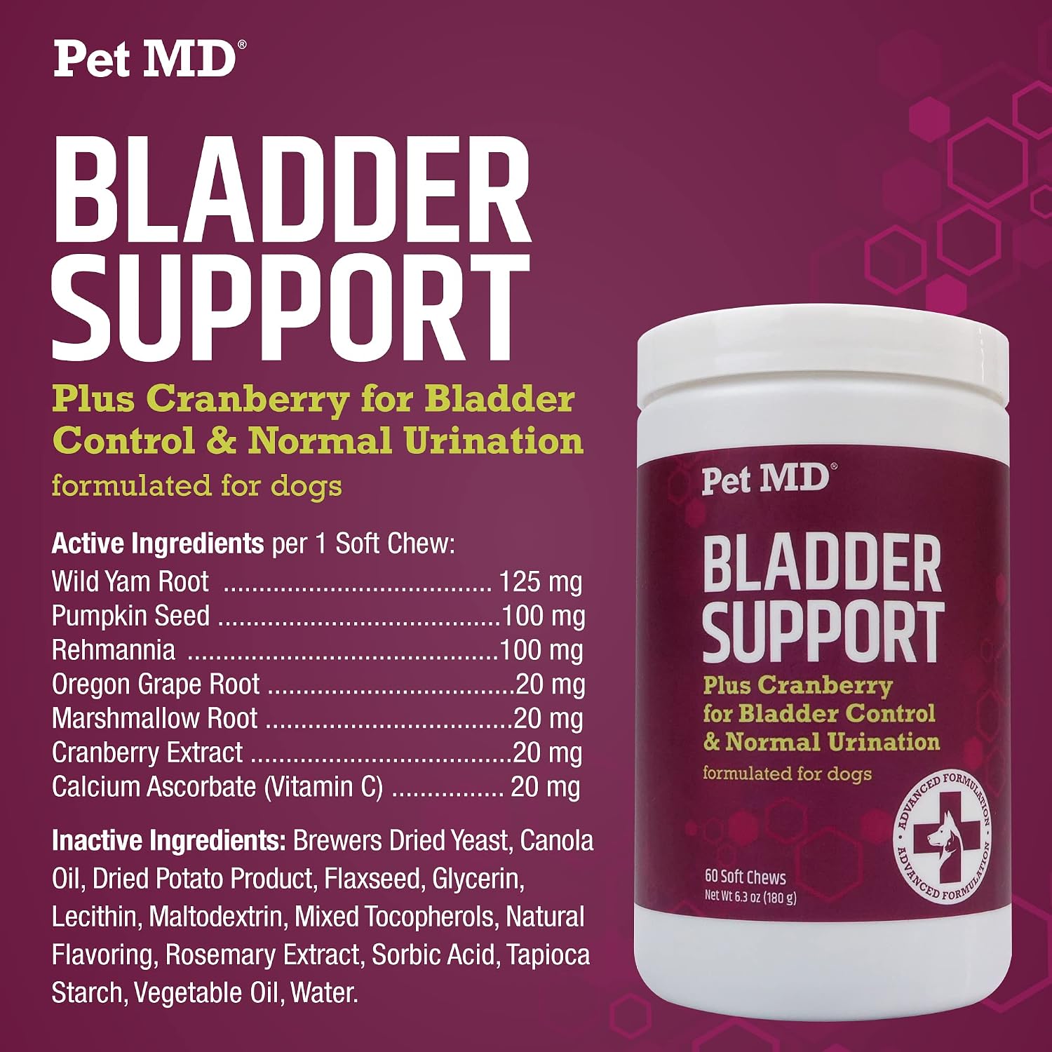 Pet MD Bladder Support Plus Cranberry para Perros - Apoyo a la Vejiga y Salud Urinaria - 60 Chews
