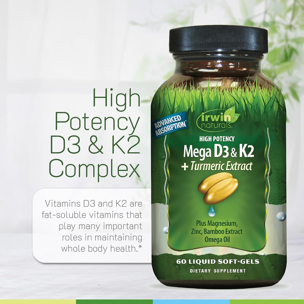Irwin Naturals Mega D3 y K2 + Extracto de Cúrcuma | Complejo de Alta Potencia | 60 Cápsulas Blandas