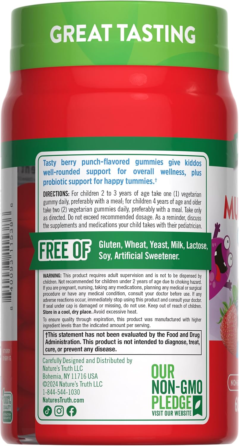 Nature's Truth Kids Multivitamin Gummies with Probiotics | 60 Gomitas | Sabor Berry Punch | Suplemento Vegetariano, No GMO y Sin Gluten