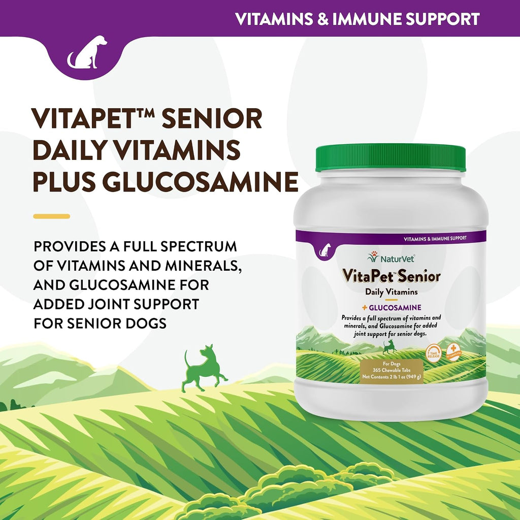 NaturVet VitaPet Senior Vitaminas Diarias para Perros Mayores con Glucosamina - 365 Comprimidos de Liberación Prolongada