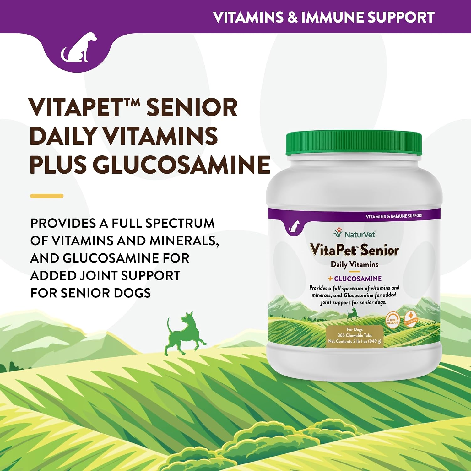 NaturVet VitaPet Senior Vitaminas Diarias para Perros Mayores con Glucosamina - 365 Comprimidos de Liberación Prolongada