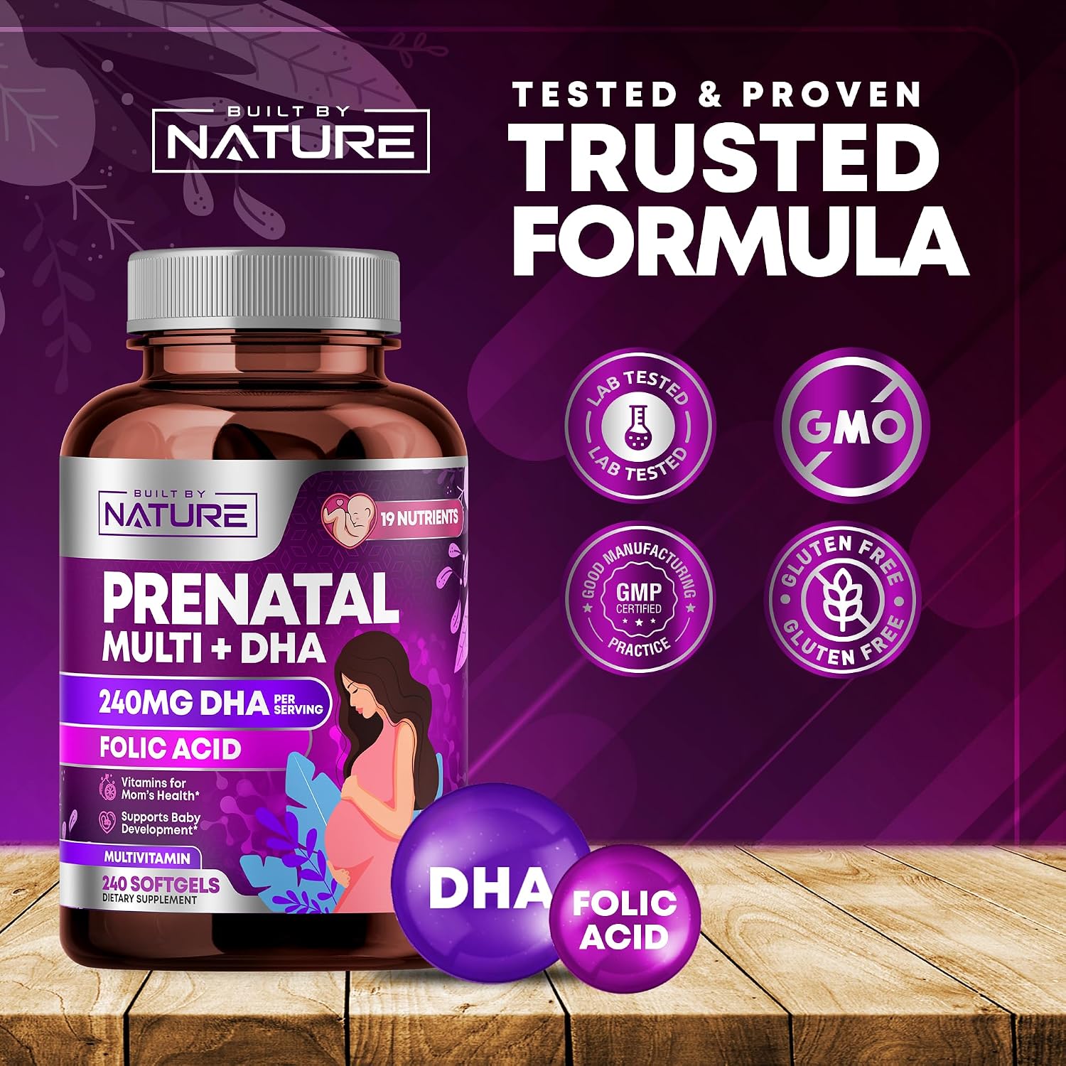 Built by Nature Vitaminas Prenatales para Mujeres, 240 Cápsulas Blandas
