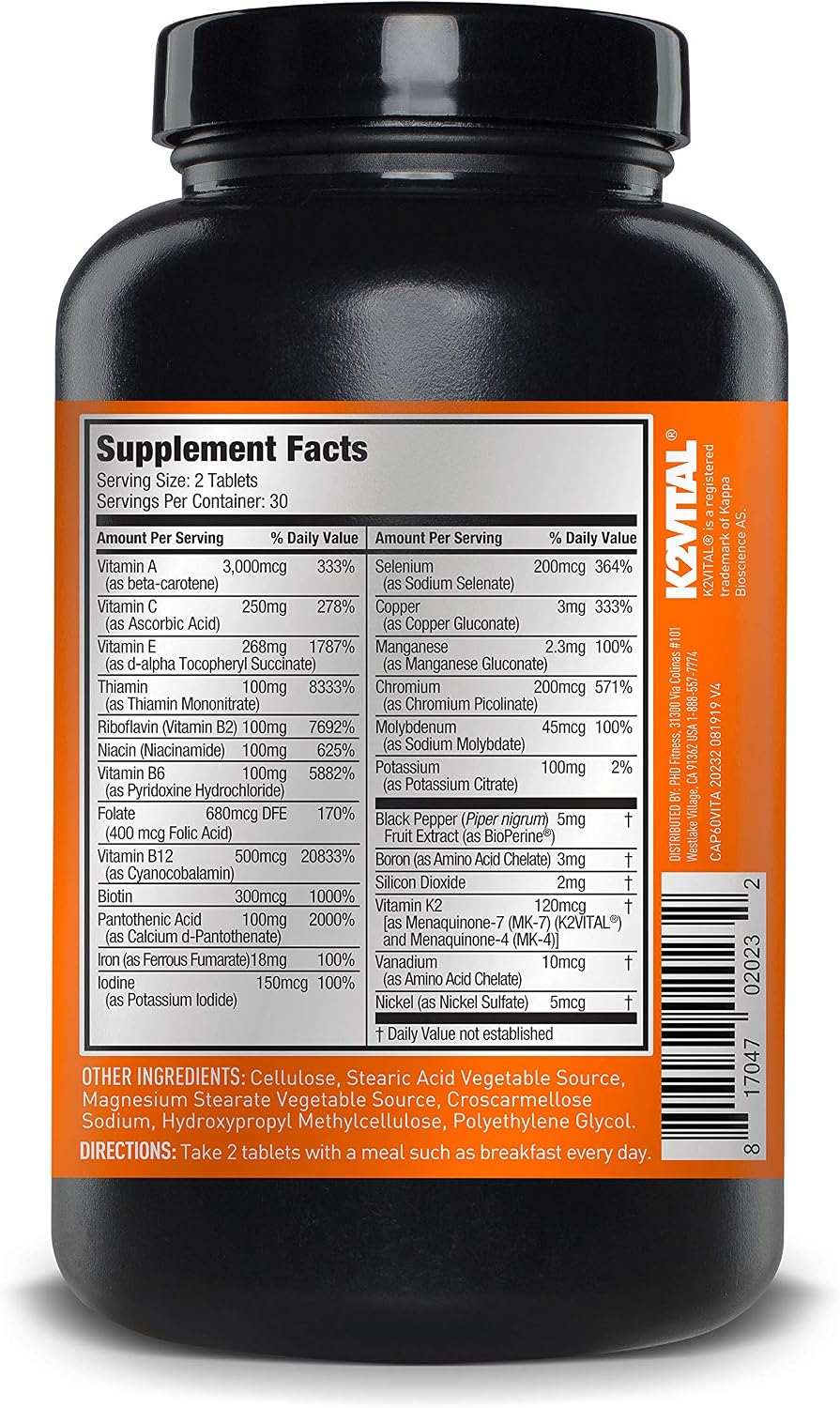 Vita JYM Multivitamínico y Mineral Diario para Hombres y Mujeres - Complejo Vitamínico con Hierro, A, C, B6, B12, E, K2, Boro, Biotina, Potasio y Más - 60 Comprimidos
