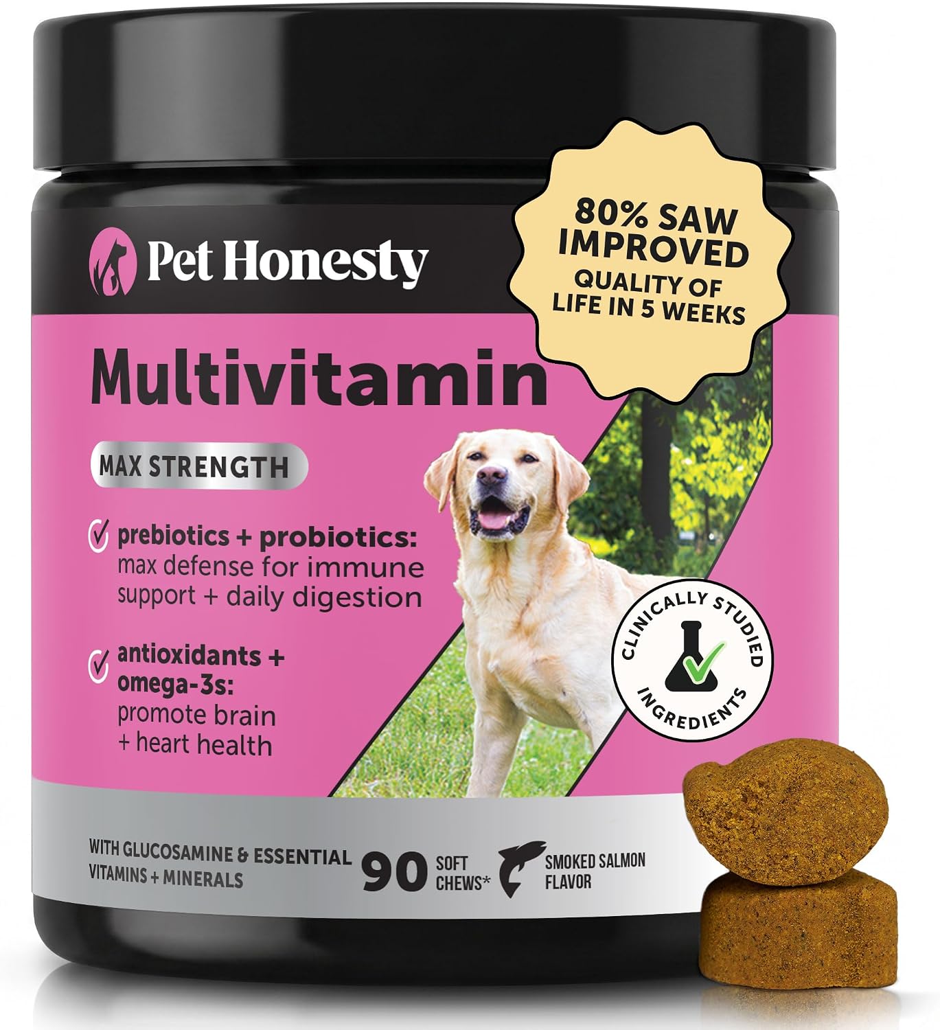 Pet Honesty Multivitamínico Máxima Potencia para Perros con Glucosamina y Probióticos, 90 Comprimidos Sabor Salmón