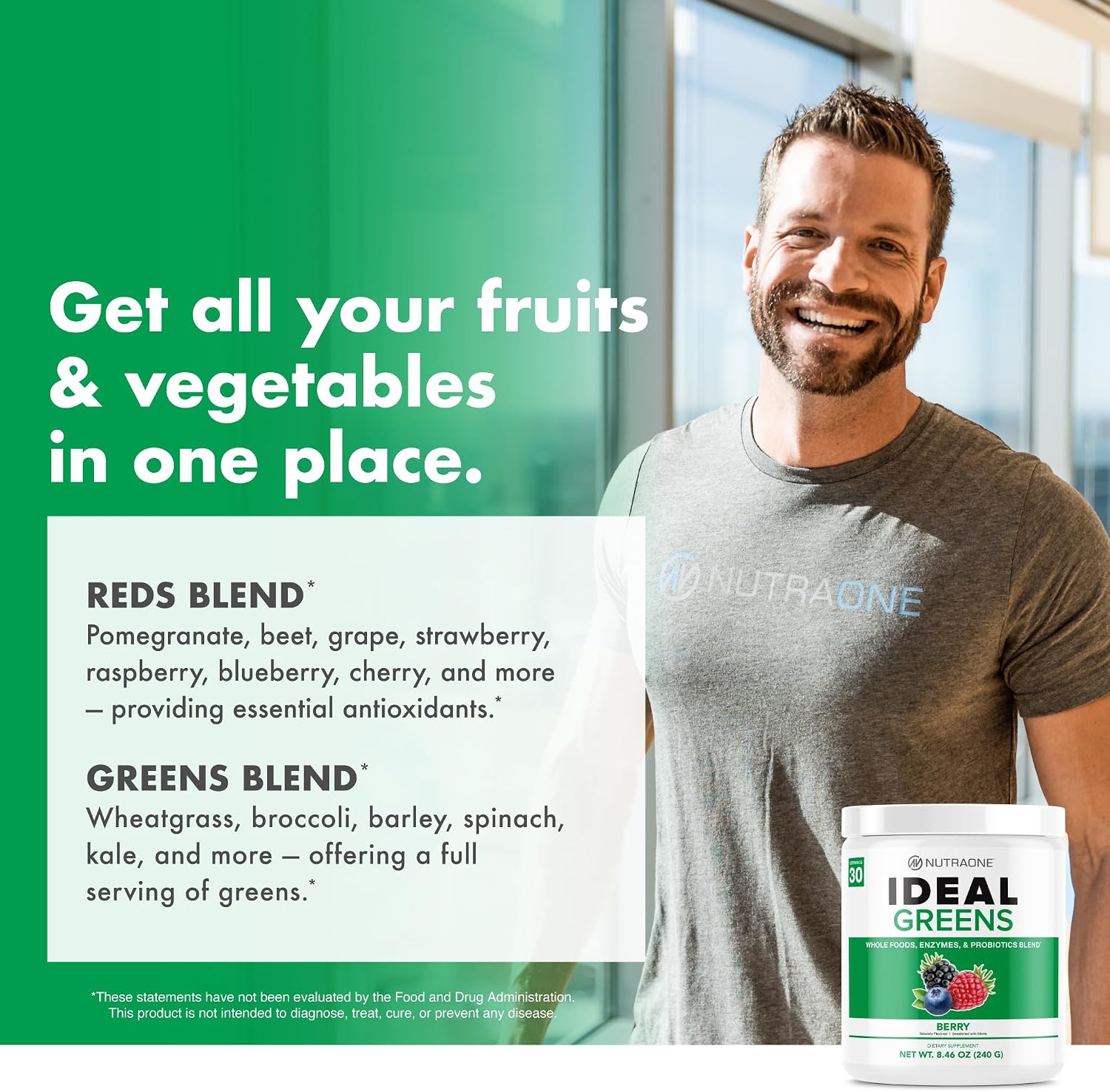 NutraOne Ideal Greens: Suplemento de Superalimentos Verdes en Polvo (30 raciones, sabor bayas)