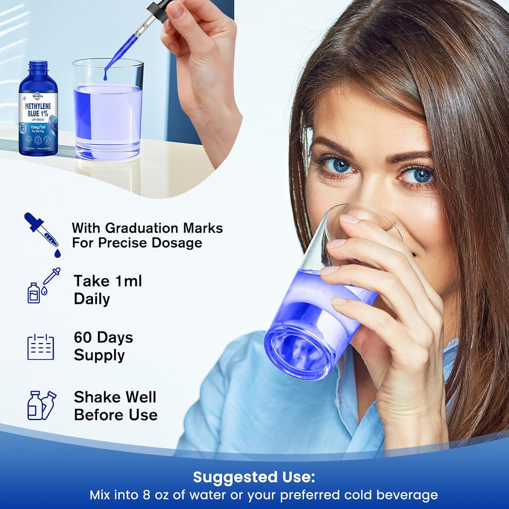 Gotas de Azul de Metileno, Grado Farmacéutico para Humanos, Suplemento Líquido para la Salud Cerebral con PQQ, CoQ10, Vitamina C, Extracto de Pimienta Negra para Apoyo Cognitivo, Grado USP 1%, 60 ml