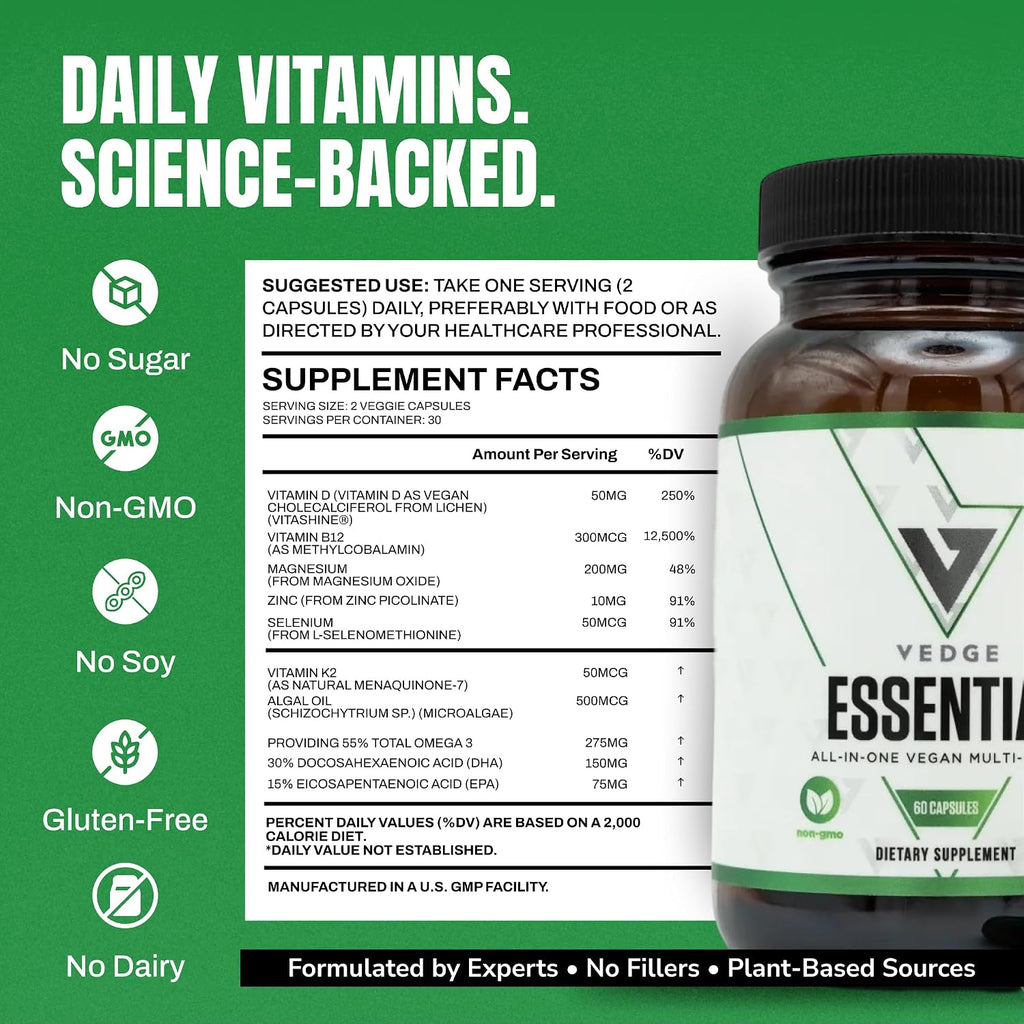 VEDGE Vegan Omega 3 Multivitamin – Complejo Multivitamínico Vegano con Omega 3, Vitaminas B12, D, K2, Magnesio, Zinc y Selenio