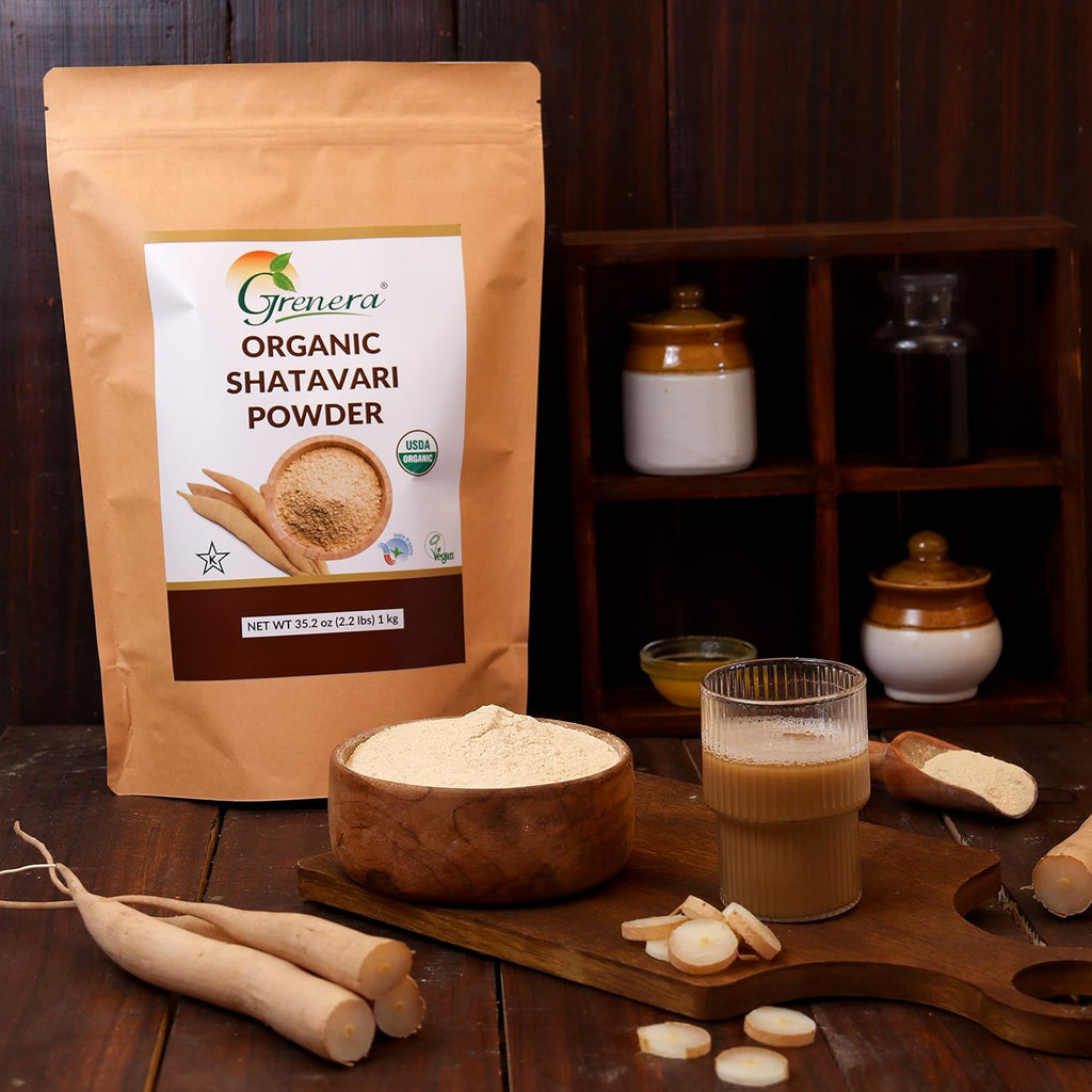 Grenera Organic Shatavari Powder - Raíz de Shatavari Orgánica USDA - Un Solo Ingrediente, Sin OGM, Sin Gluten - Asparagus racemosus - Fácil de Mezclar - Bolsa Resellable de 1 kg