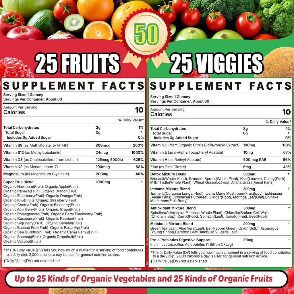 Super Greens Gummies - Complemento Diario de Superalimentos Verdes con Espirulina, Chlorella, Probióticos y Vitaminas, 120 Gominolas