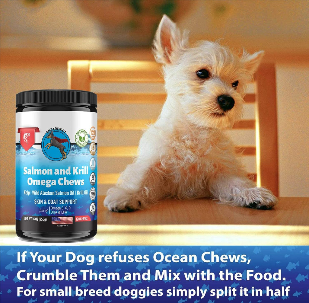 WIZARDPET Masticables Blandos de Aceite de Salmón y Krill para Perros - 120 Unidades - Suplemento de Omega 3, 6 y 9 con EPA y DHA