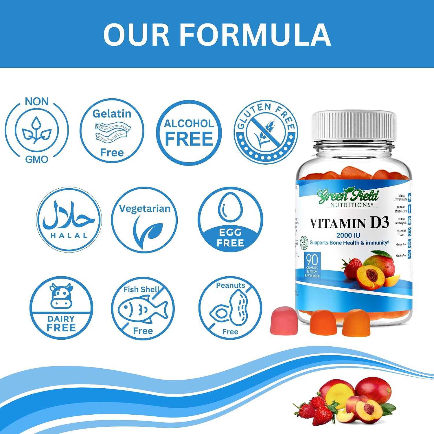 Greenfield Nutritions Gominolas de Vitamina D3 Halal - 2000 IU (50 mcg), 90 Gominolas Vegetarianas