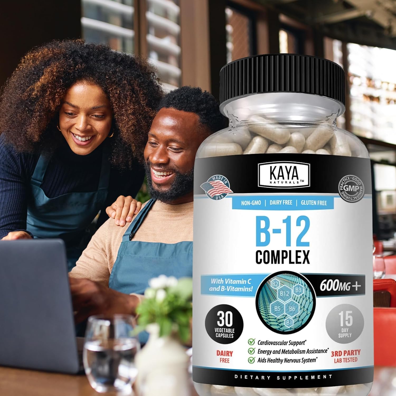 Kaya Naturals B-12 Complex | Complejo B con Biotina, Colina, Inositol, Folato y Vitamina C - 30 Cápsulas