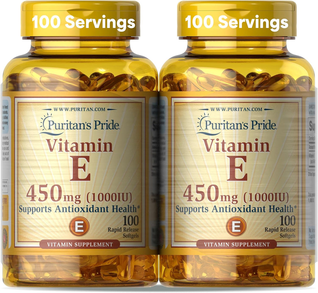 Puritan's Pride Vitamina E 450mg (10.000 UI), Suplemento Vitaminico para la Función del Sistema Inmunitario y Apoyo Antioxidante, 100 Cápsulas Blandas de Liberación Rápida, 2 Envases