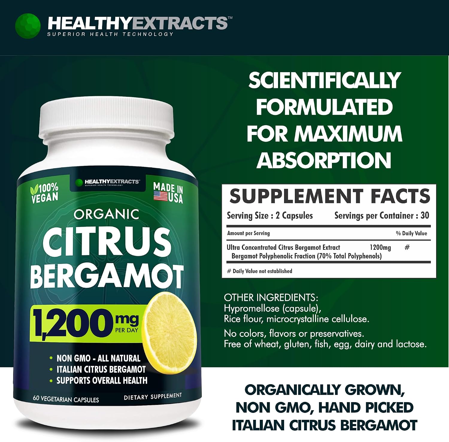 Citrus Bergamot Supplement – 150:1 Extract, 1200mg per Serving, 70% Polyphenols, Italian Sourced, 60 Count, 1 Month Supply, Made in the USA