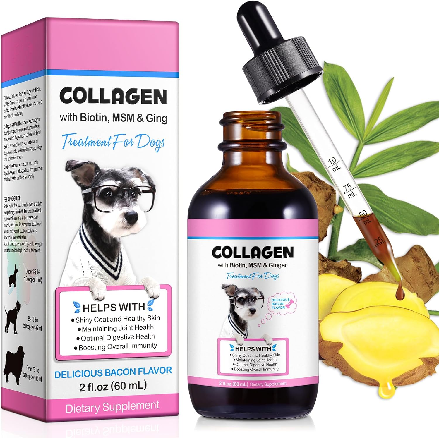 Colágeno Líquido para Perros con Biotina, MSM y Jengibre | Suplemento para Articulaciones, Piel y Digestión 60ml