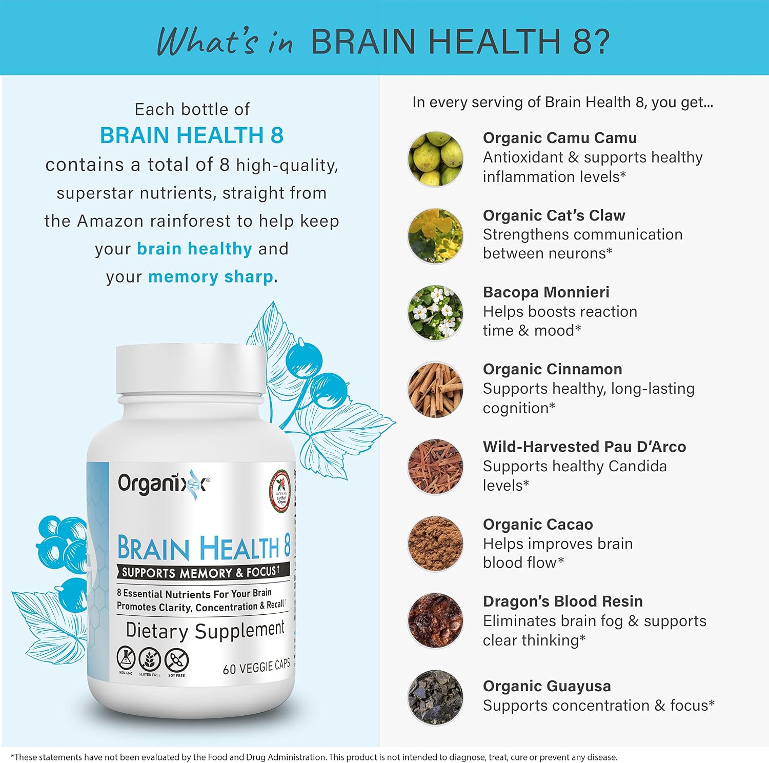 Organixx Ageless Brain - Complemento alimenticio para la función cerebral, claridad y enfoque, 60 cápsulas vegetarianas