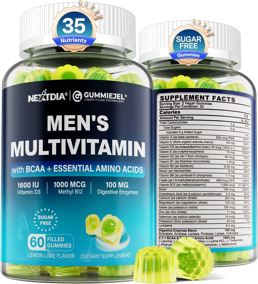Nextdia Multivitamínico Metilado para Hombres Gummies (2 Paquetes) - Sin Azúcar, Vegano - Completo con BCAA, Vitaminas y Minerales