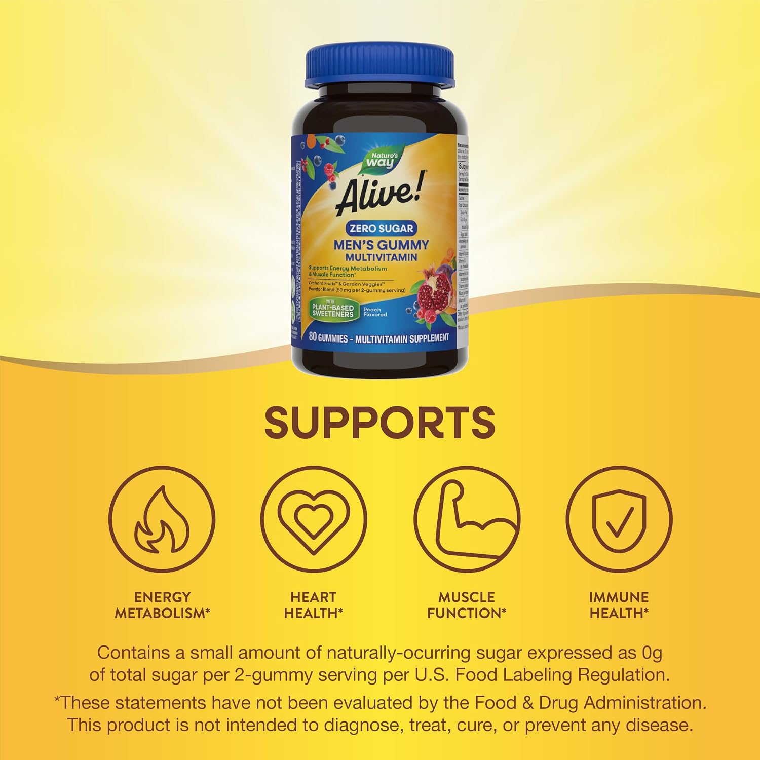 Nature's Way Alive! Zero Sugar Men's Gummy Multivitamins - Gomitas Multivitamínicas Sin Azúcar para Hombres, Sabor Melocotón, 80 Gomitas