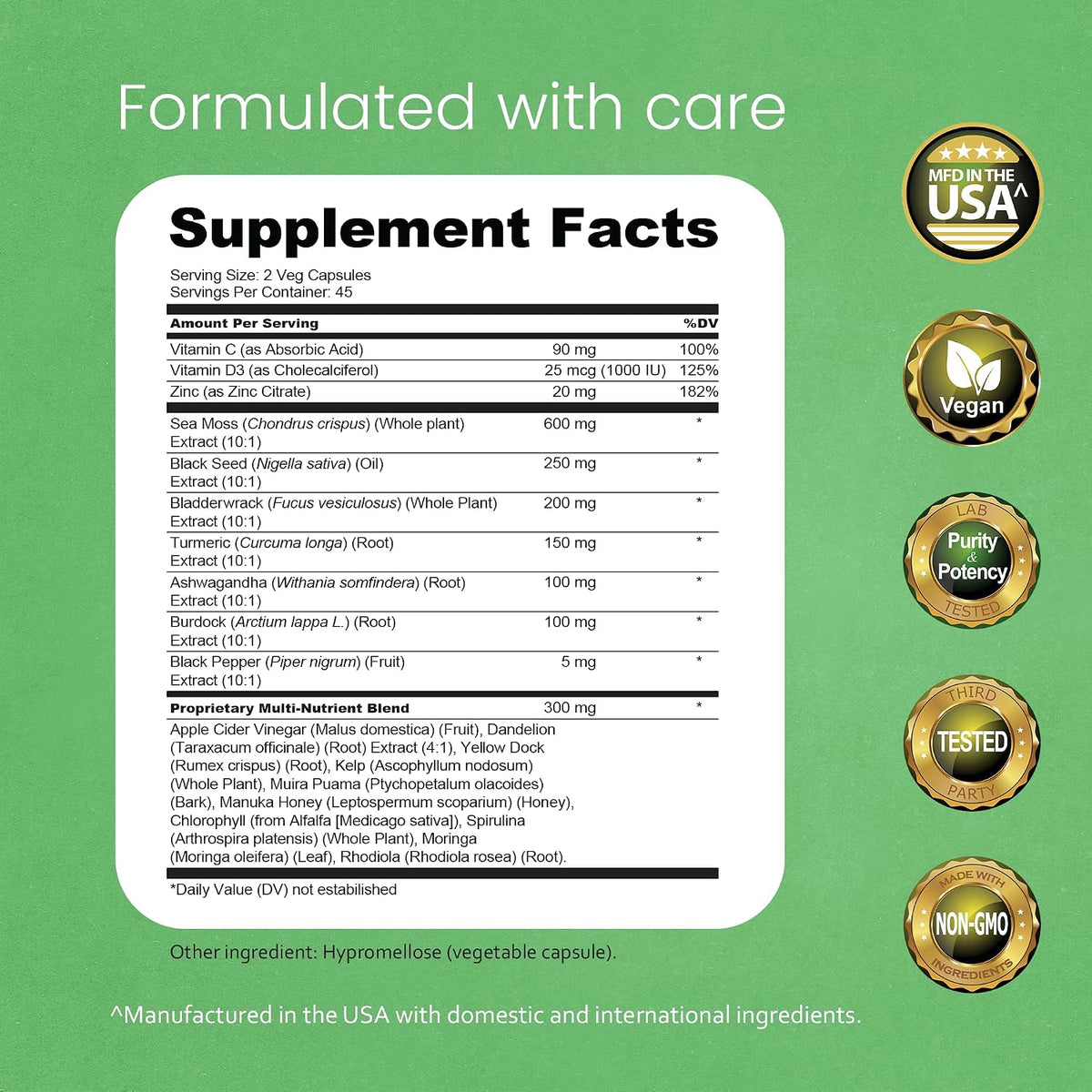 Sea Moss, Aceite de Semilla Negra, Bladderwrack, Cúrcuma, Ashwagandha, Bardana, Vitamina C, D3, Raíz de Yellow Dock, Manuka, – Image 2