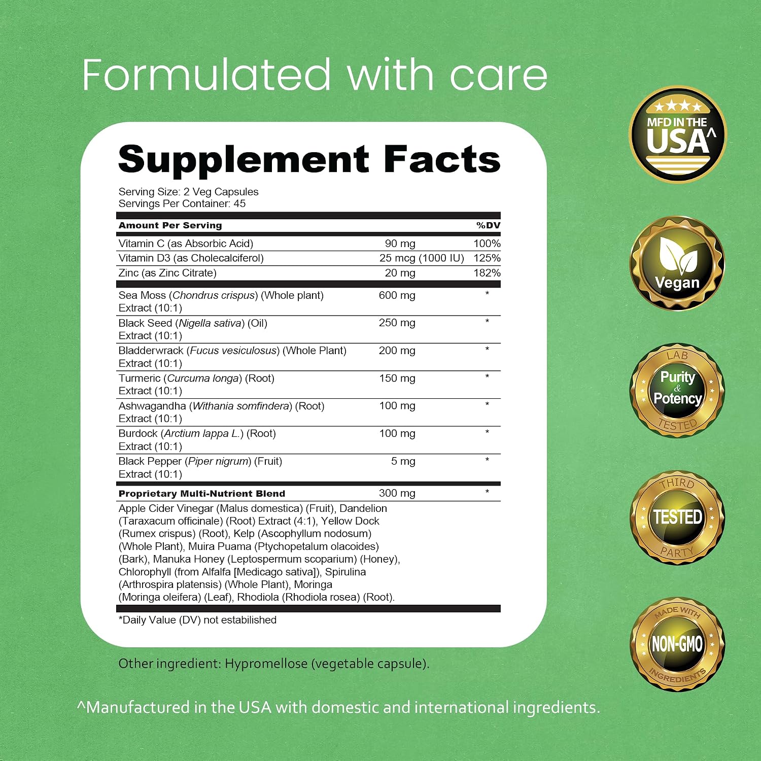 Sea Moss, Aceite de Semilla Negra, Bladderwrack, Cúrcuma, Ashwagandha, Bardana, Vitamina C, D3, Raíz de Yellow Dock, Manuka, Diente de León - 90 Cápsulas Veganas