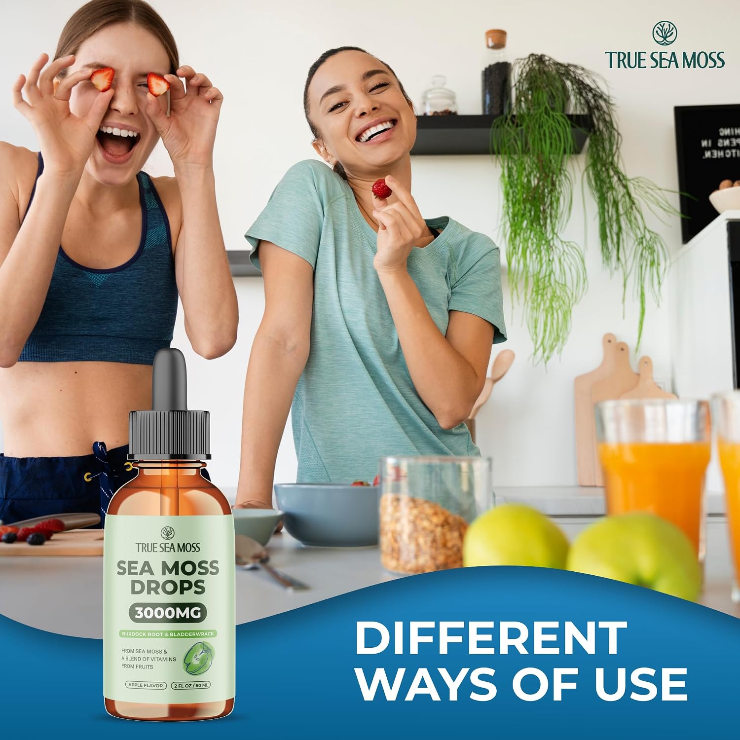 TrueSeaMoss Irish Sea Moss Gotas Líquidas – Aceite de Semilla Negra, Extracto de Bladderwrack, Raíz de Bardana, Vitamina C y Zinc – Sabor Manzana – 30 Dosis