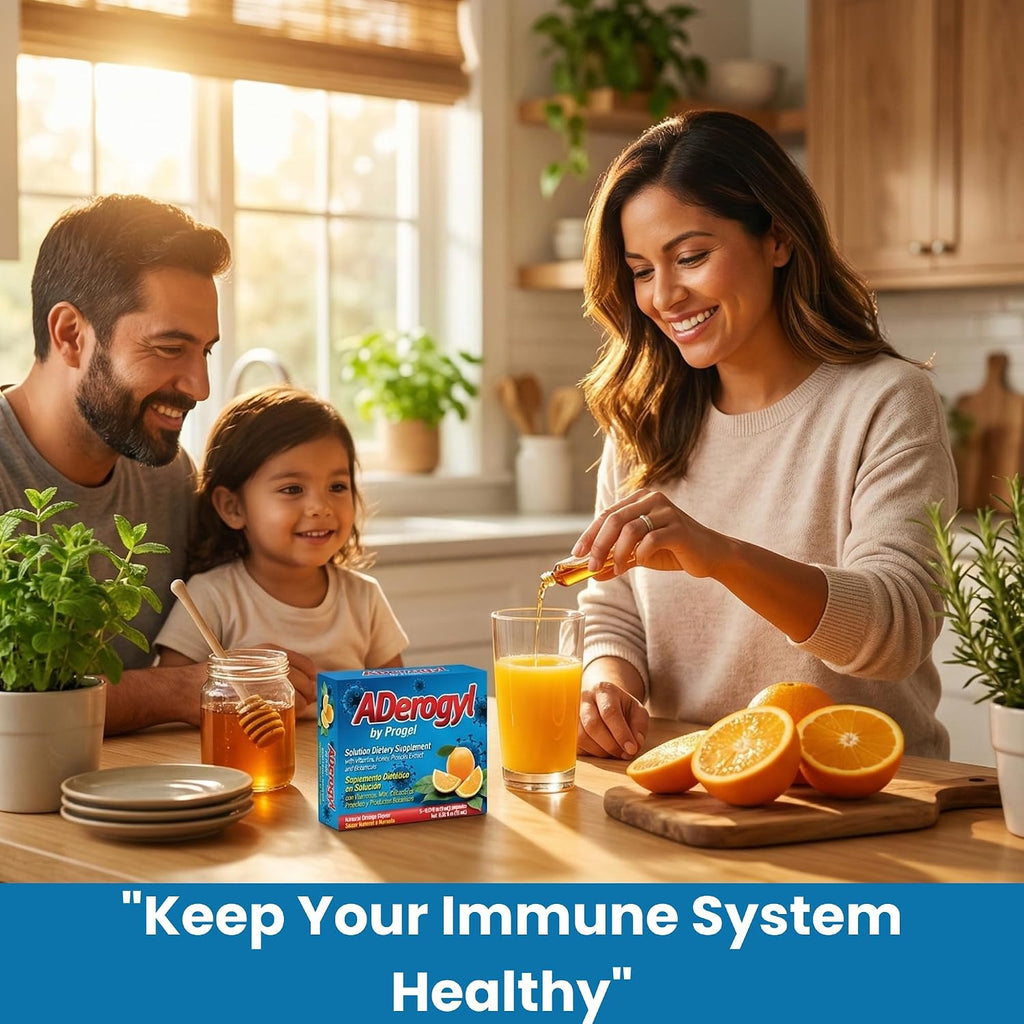 Aderogyl Multivitamínico Líquido con Vitaminas A, C, D, E, Zinc, Miel y Propóleo - 5 Ampollas Sabor Naranja