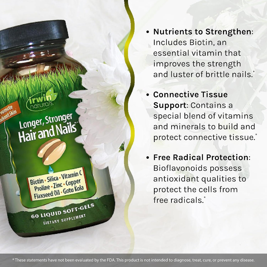 Irwin Naturals Longer, Stronger Hair and Nails - Promueve Brillo, Textura y Fortaleza - 60 Softgels Líquidos