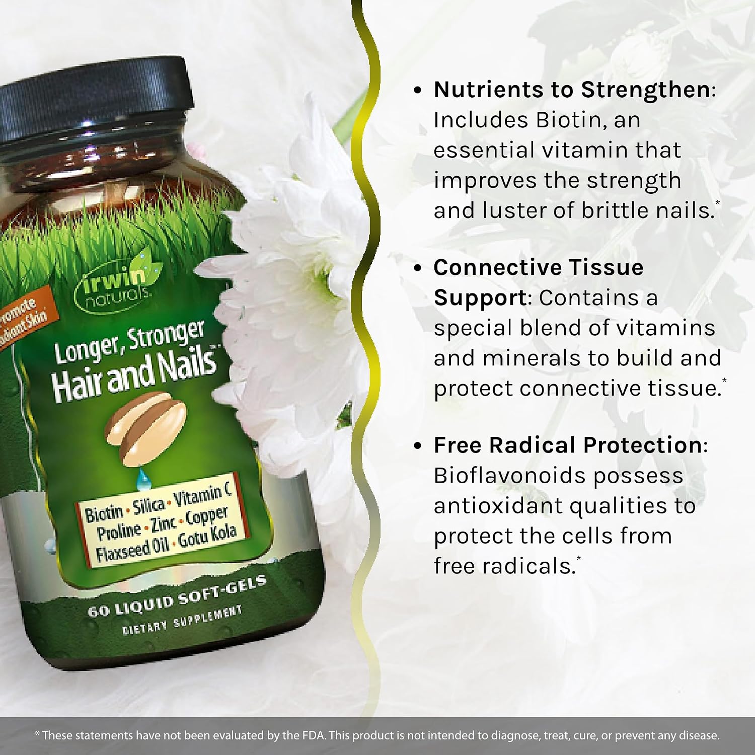 Irwin Naturals Longer, Stronger Hair and Nails - Promueve Brillo, Textura y Fortaleza - 60 Softgels Líquidos