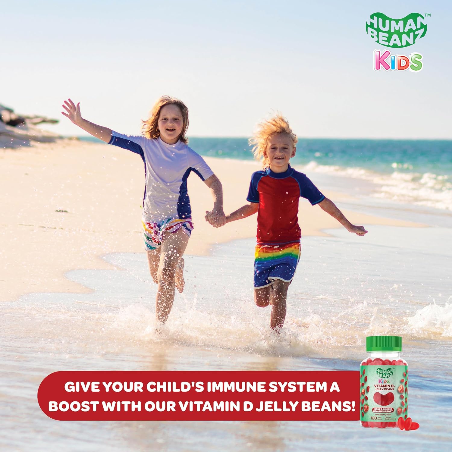 Human Beanz Vitamin D3 Jelly Bean Gummies para Niños, 25mcg/1000 UI, 120 Gominolas Sabor Fresa