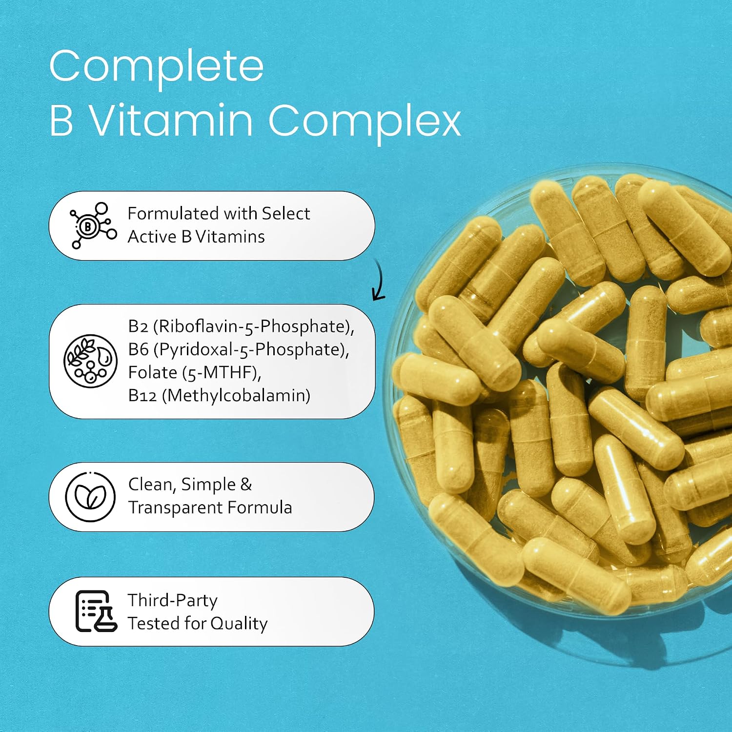 NaturaLife Labs Complejo B – Todas las Vitaminas B con B2, B6, B9 y B12 (Metilcobalamina) Activas, más B1, B3, B5, B7 y Vitamina C – 100 Cápsulas