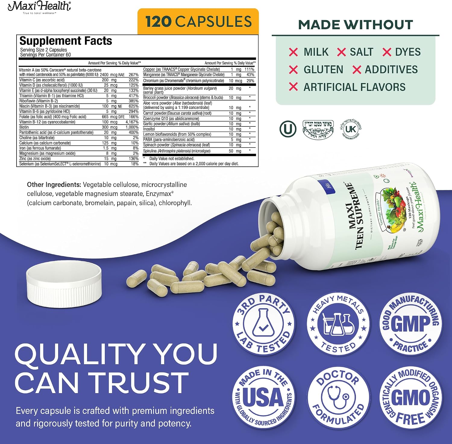 Teen Multivitamin Supreme - Multivitamínico para Chicos 12-17 con D3, Hierro, Calcio, Biotina y Enzimas Digestivas - 120 Comprimidos