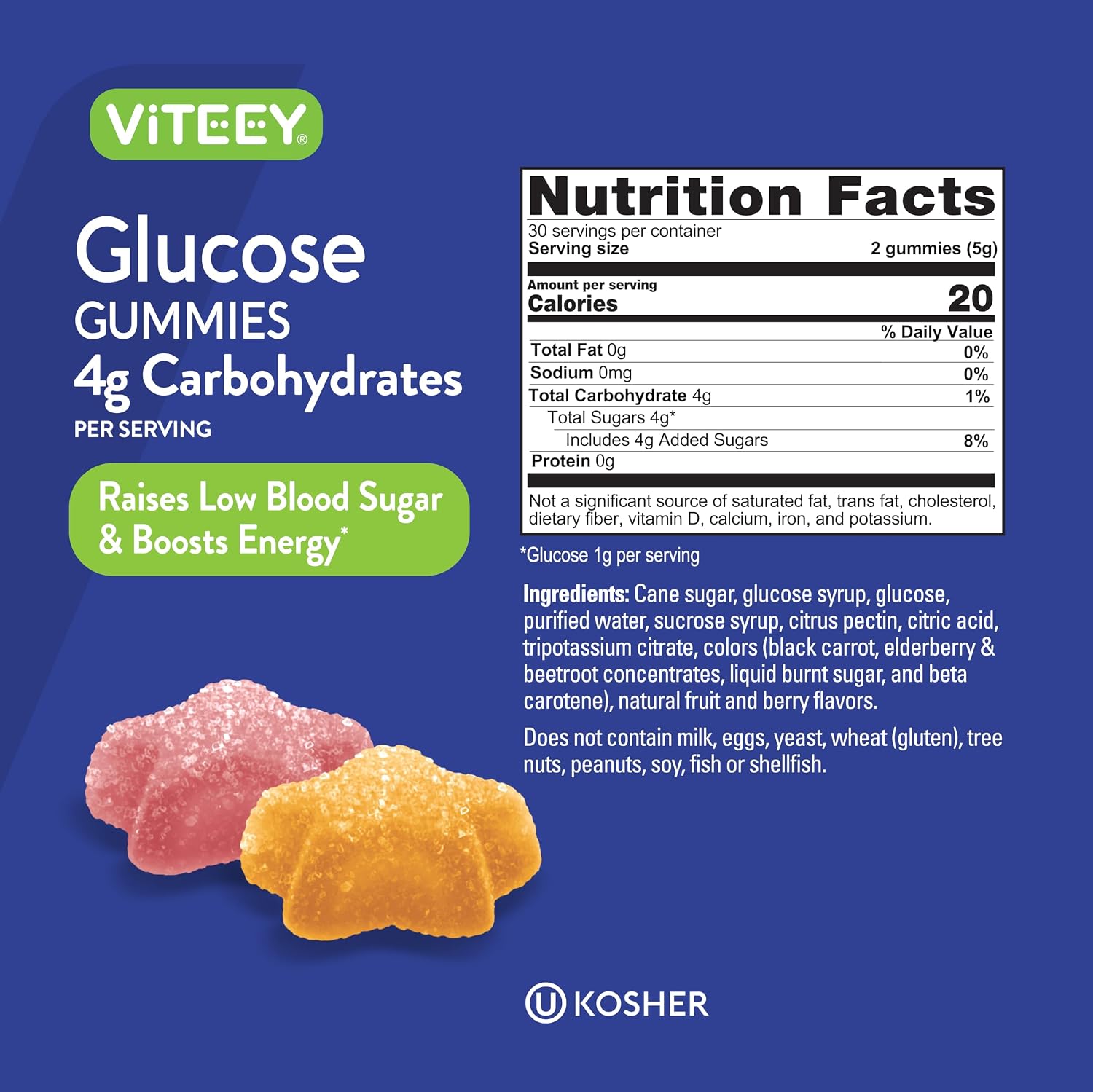 Viteey Gomitas de Glucosa - 4g de Carbohidratos, 60 Unidades - Alternativa Rápida a Comprimidos de Glucosa - Vegano, Sin Gluten