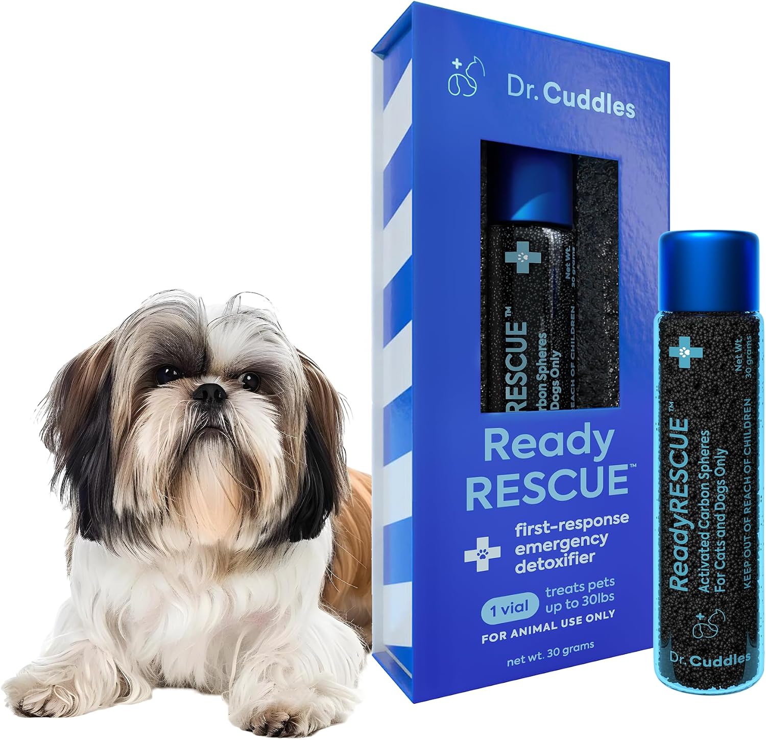 READYRESCUE Microesferas de Carbón Activado para Perros y Gatos - Kit esencial de primeros auxilios para mascotas - Aglutinante de veneno de acción rápida - Seguro y listo para llevar - 30g Pack de 12