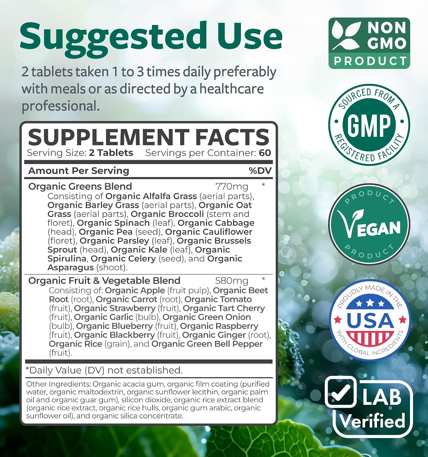 USDA Organic Super Greens Supplement - 28 Superalimentos Orgánicos en Comprimidos - Vegano y Non-GMO - Healths Harmony