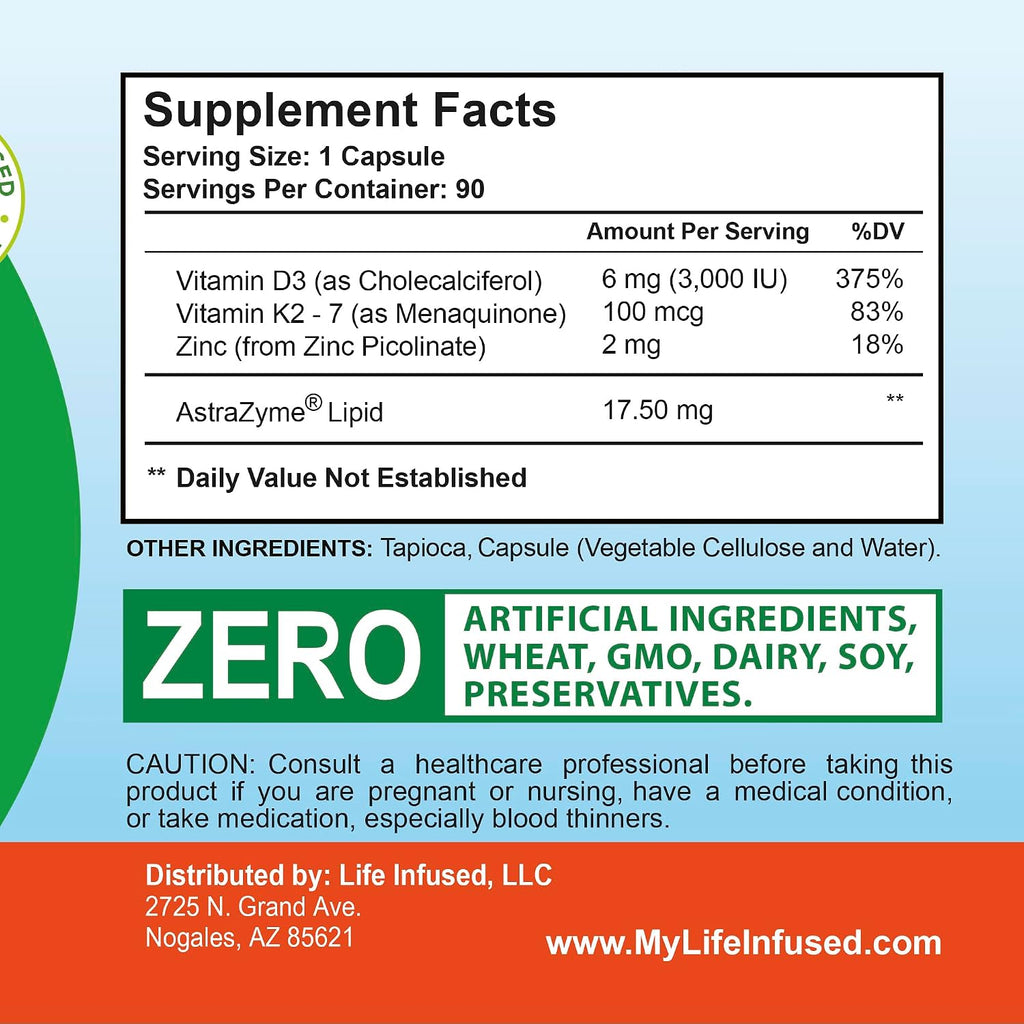 Life Infused Vitamina D3 + K2 con Zinc y Enzimas | 3000 UI D3, MK-7 K2 | 90 Cápsulas