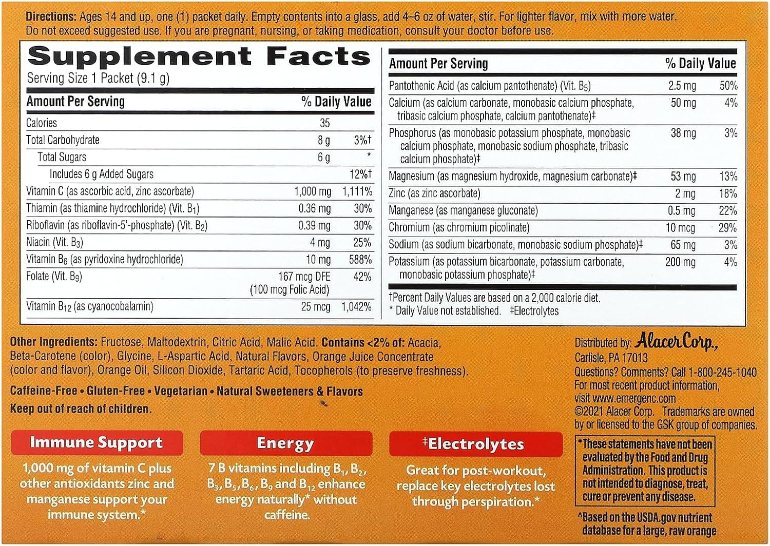 Emergen-C Vitamina C Sabor Naranja - Mezcla Efervescente, 30 Sobres
