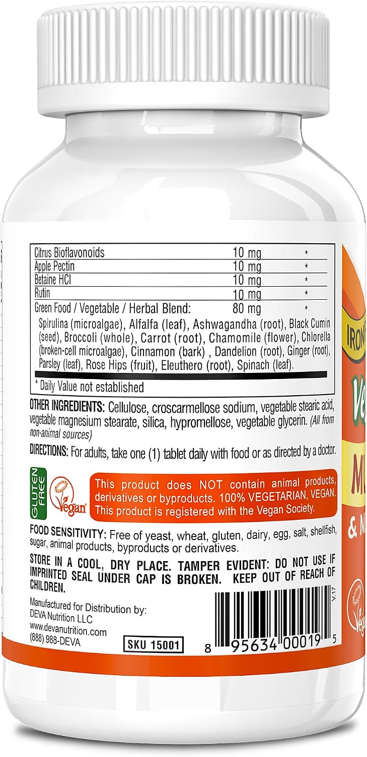 DEVA Multivitamínico y Mineral Vegano - Fórmula Diaria con Superalimentos Verdes - Sin Hierro - 90 Comprimidos Recubiertos