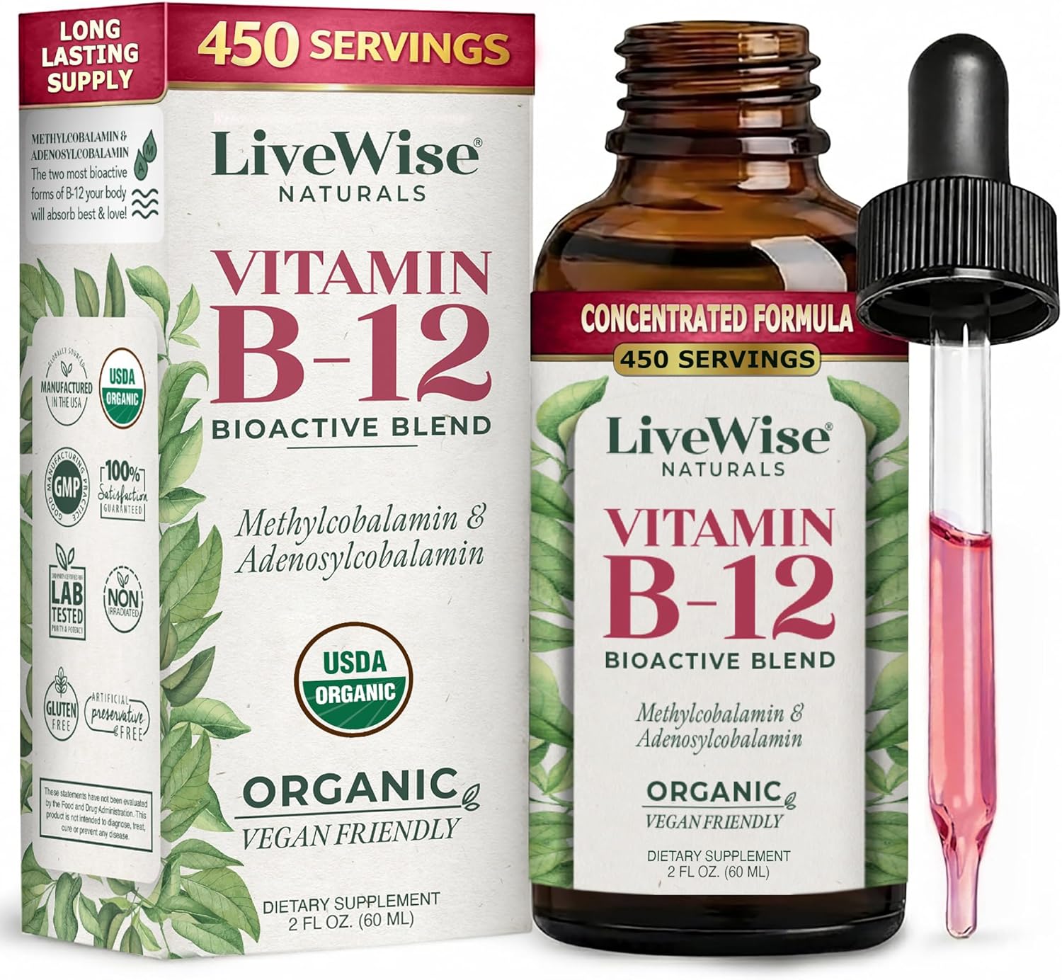 Vitamin B12 1000 mcg Organic Liquid Sublingual - Methylcobalamin & Adenosylcobalamin - 2 fl oz (1 Year Supply)