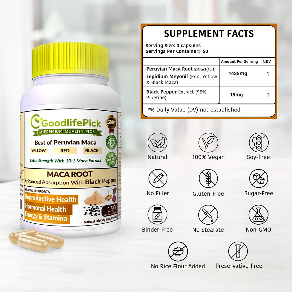Peruvian Maca Root Capsules 150 ct. Powerful Maca Blend of Yellow Red & Black Maca Root with Black Pepper. All Natural NonGMO Vegan No Stearate No Rice Powder No Silica No Filler