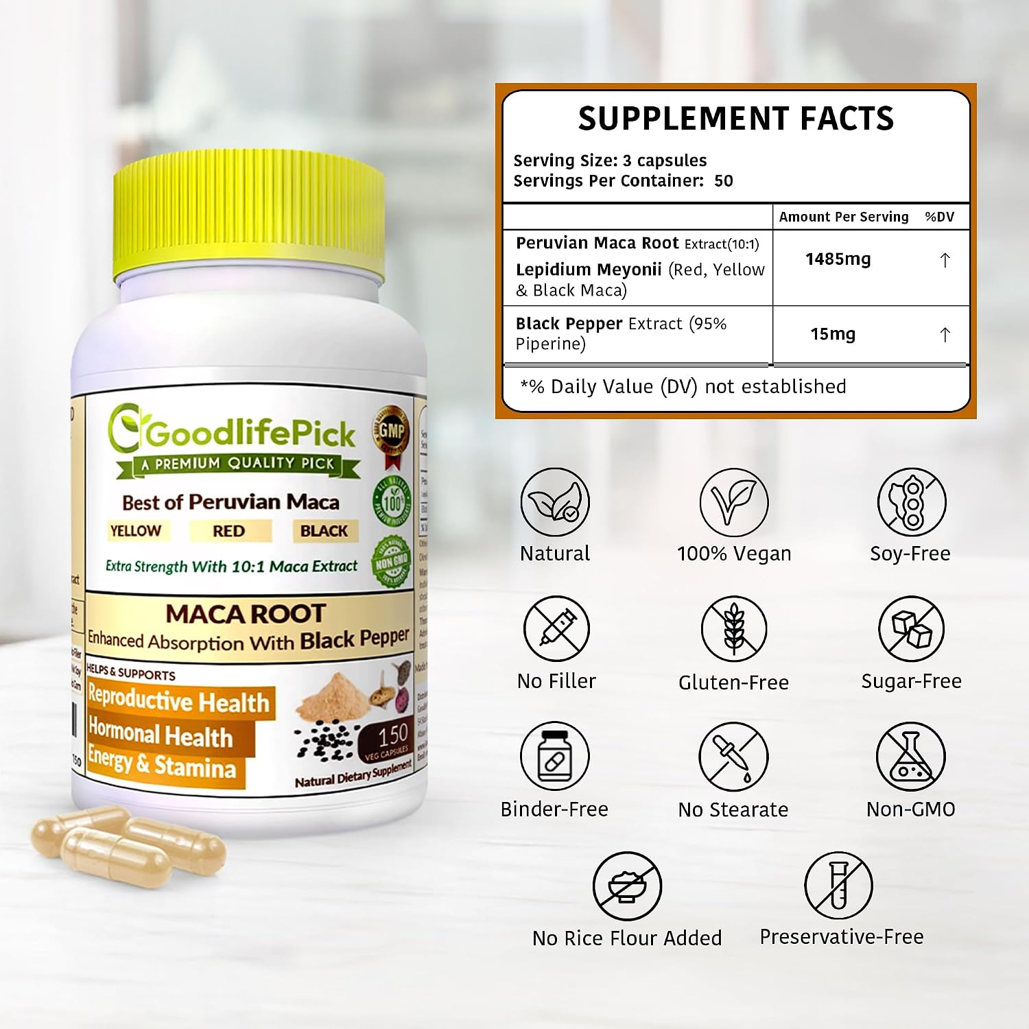 Peruvian Maca Root Capsules 150 ct. Powerful Maca Blend of Yellow Red & Black Maca Root with Black Pepper. All Natural NonGMO Vegan No Stearate No Rice Powder No Silica No Filler
