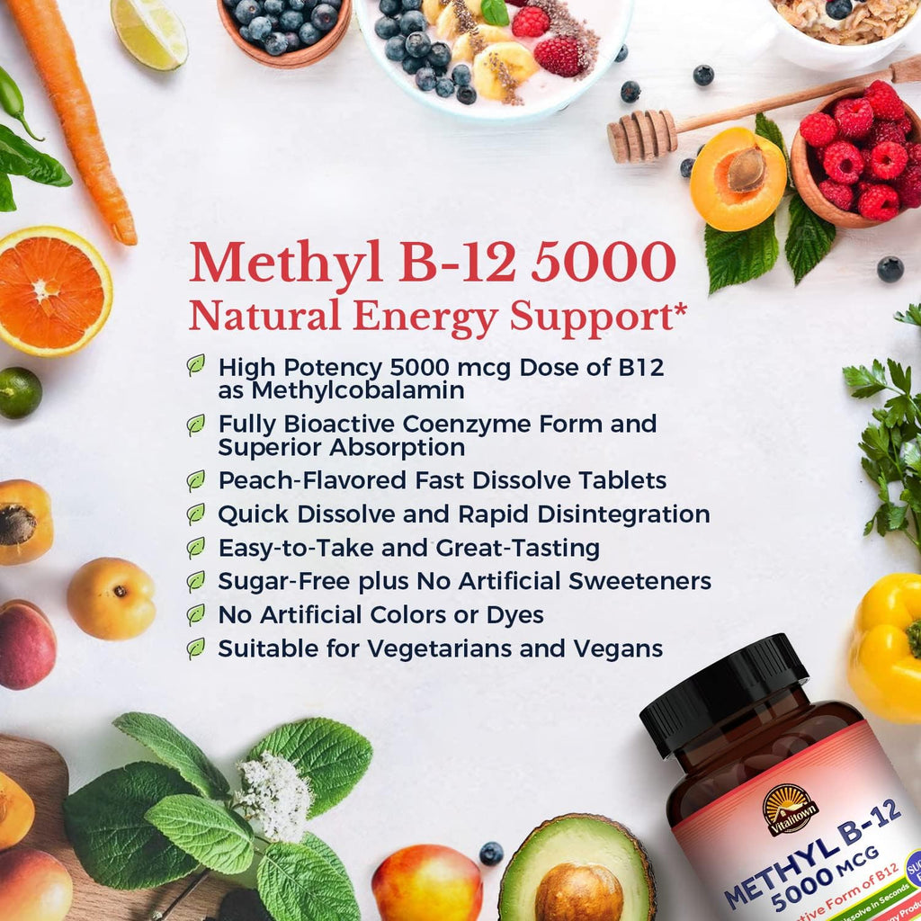 Vitalitown Vitamina B12 (Metil B12) 5000 mcg, 90 Comprimidos de Disolución Rápida Sabor Melocotón