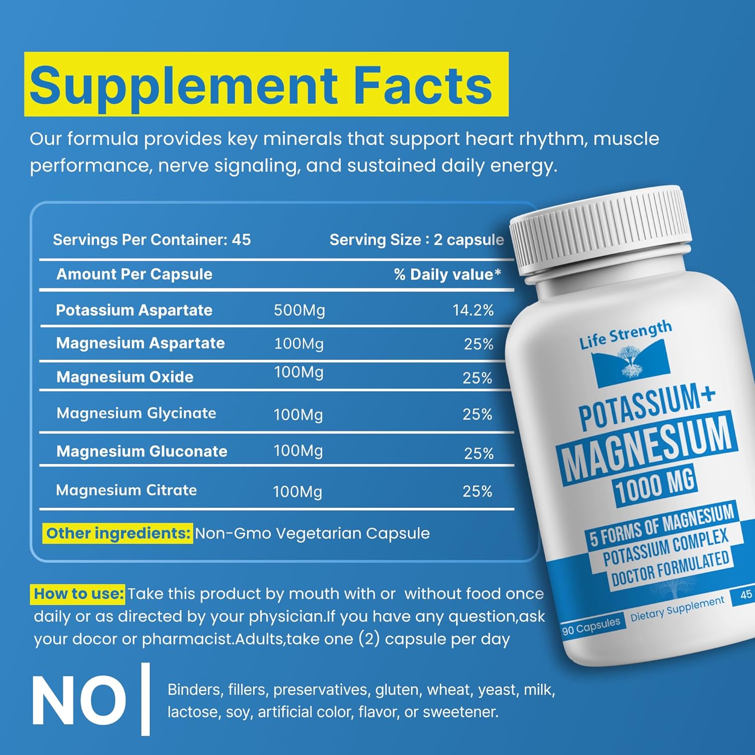 Life Strength Potasio y Magnesio 1000mg - 90 Cápsulas