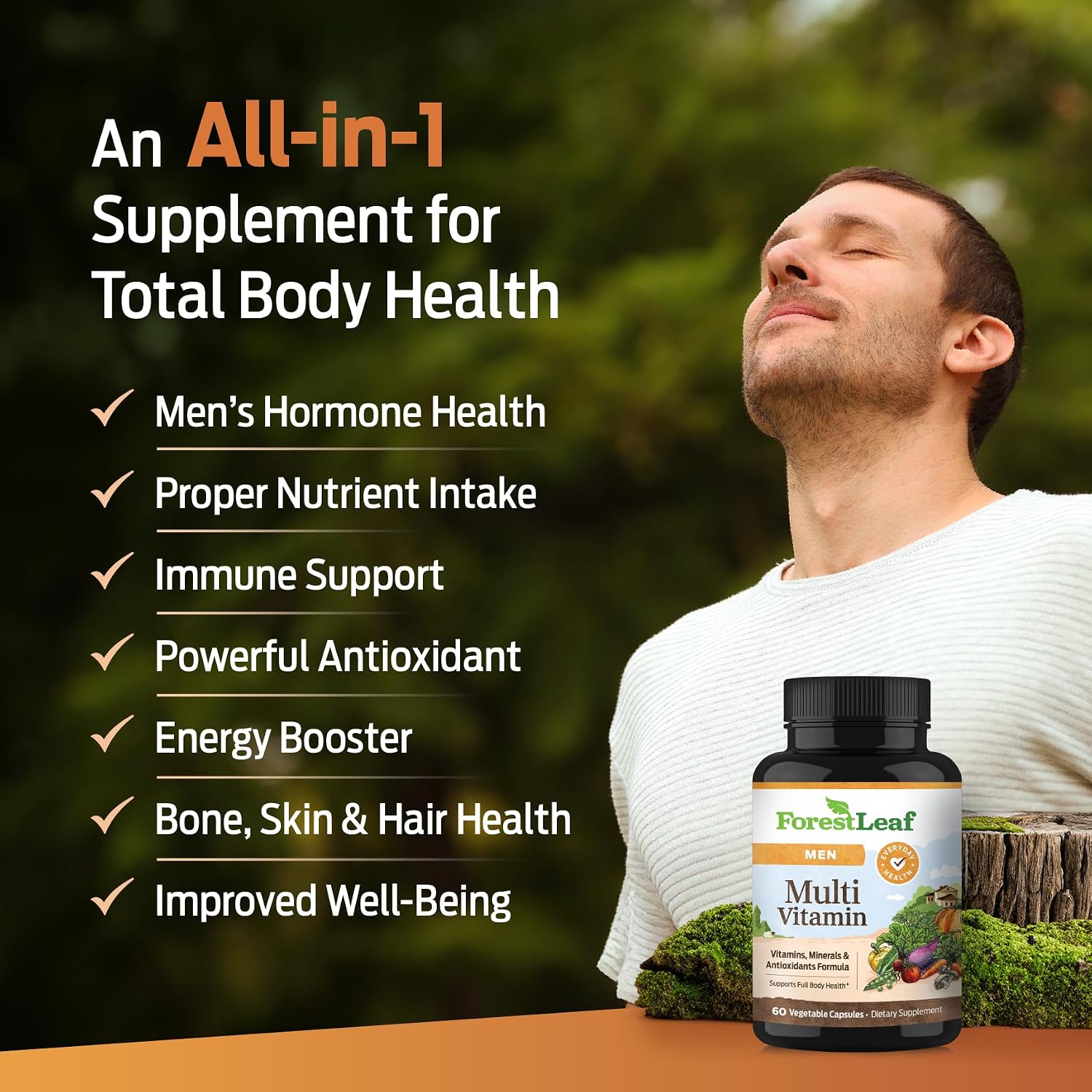 ForestLeaf Daily Vitamin Multivitamin for Men - Multivitamínico Diario para Hombres con Vitaminas y Minerales Esenciales | 60 Cápsulas Veganas