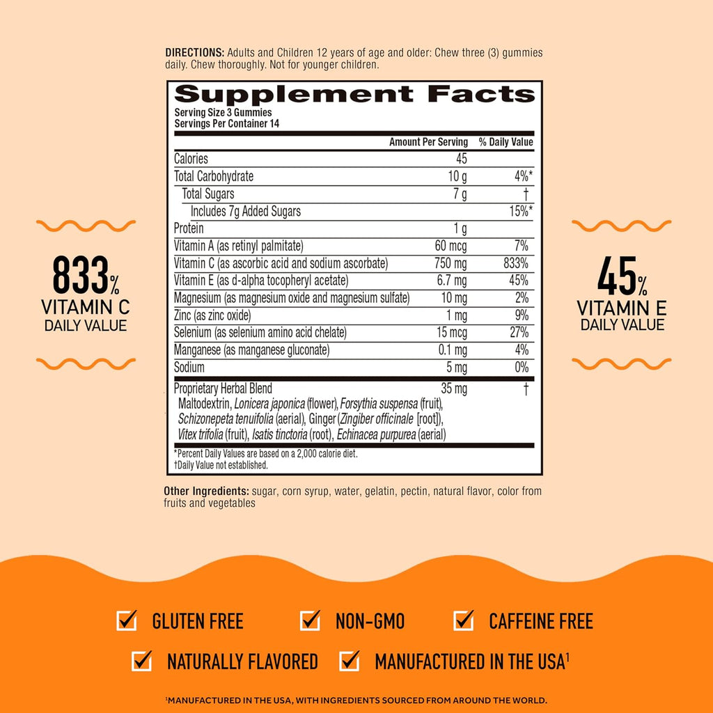 Airborne Gomitas de Vitamina C 750 mg con Vitaminas C y E - 42 Gomitas, Sabor Naranja (Paquete de 2)