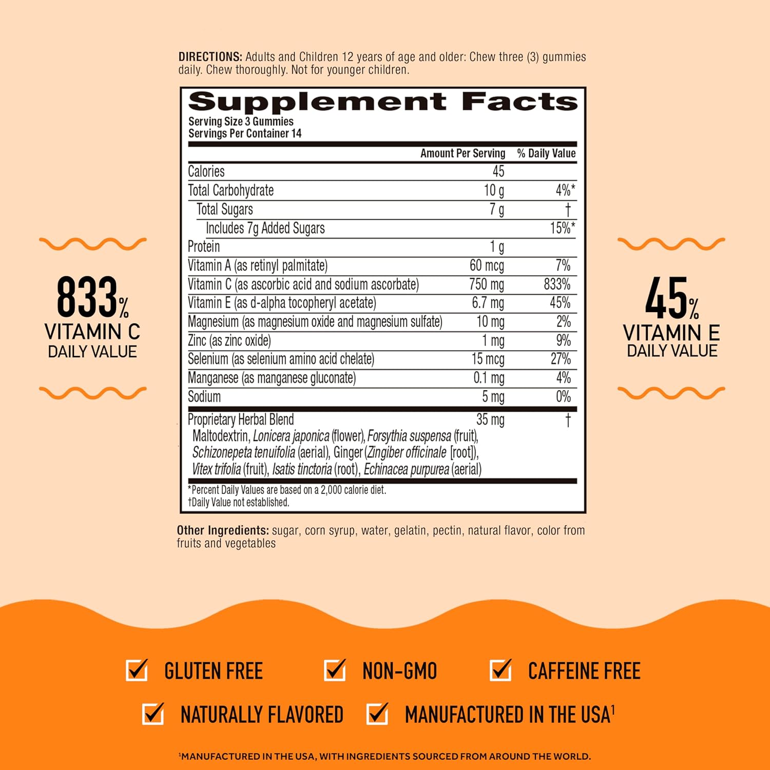 Airborne Gomitas de Vitamina C 750 mg con Vitaminas C y E - 42 Gomitas, Sabor Naranja (Paquete de 2)