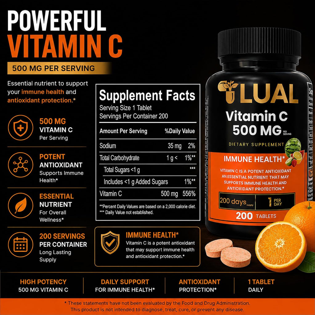 LUAL Vitamina C 500 mg Comprimidos Masticables Sabor Tropical, 200 Unidades
